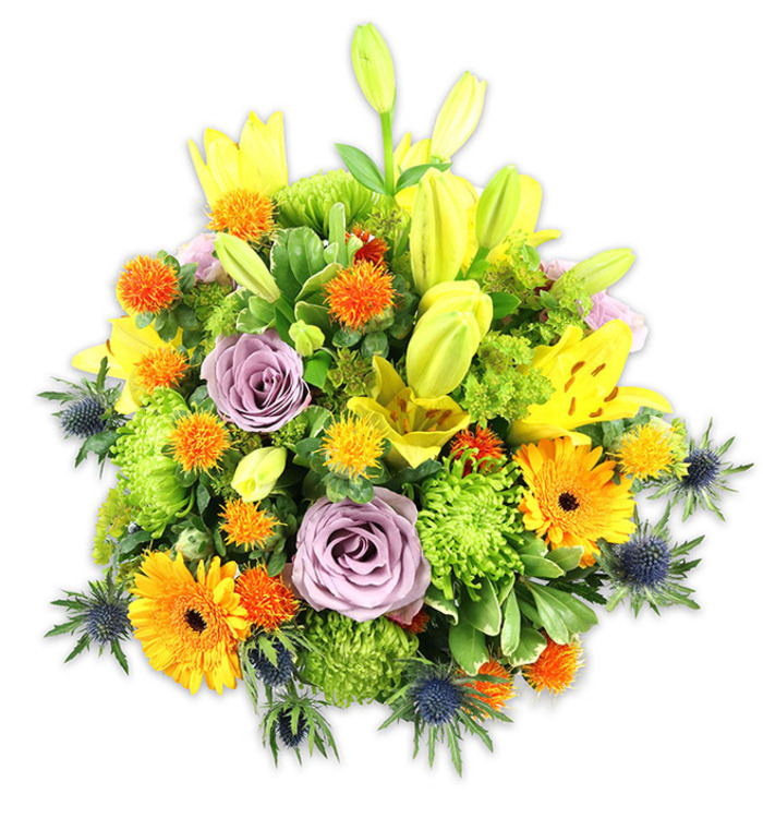A dense, exuberant floral mound set against a pristine white field, the design balancing warmth, elegance and a hint of countryside charm for Dartmouth Park interiors. Several yellow Asiatic lilies form the bouquet's vertical spine - some dramatically open with freckled petals and exposed stamens, others retained as sleek, elongated buds that suggest unfolding drama. Soft lavender-purple roses are placed as calming focal points, their layered petals offering a romantic counterpoint to the brighter elements. Bold orange Gerbera daisies fan their flat petals around darker centres, creating immediate focal contrast, while lime-green cushion chrysanthemums supply lush, ruffled mass like verdant pillows among the stems. Sprays of small, spherical orange and golden accent blooms weave energetic dots across the surface, introducing playful texture. Distinctive blue-grey Eryngium thistles emerge at the perimeter, their spiky, architectural forms providing a cool, sculptural foil to the otherwise warm palette. A variety of green leaves - broad, glossy and finely serrated - frame and ground the arrangement, lending depth and natural movement. Under soft daylight the colours read vibrant yet harmonious, and the bouquet emits a subtle perfume of lilies and roses. Meant as a versatile gift or table centre, this composition conveys celebration, comfort or remembrance and would brighten a flat near Dartmouth Park Hill, a cottage in Highgate, or a study in nearby Camden, reflecting the practiced hand and seasonal sensibility of a local floral studio.